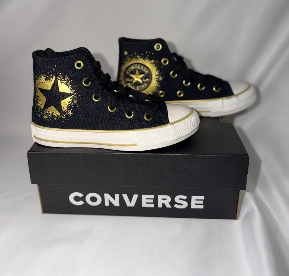 NIB Kids Size 11 Converse ALL STAR Black With Gold Star High Top Gold & Black